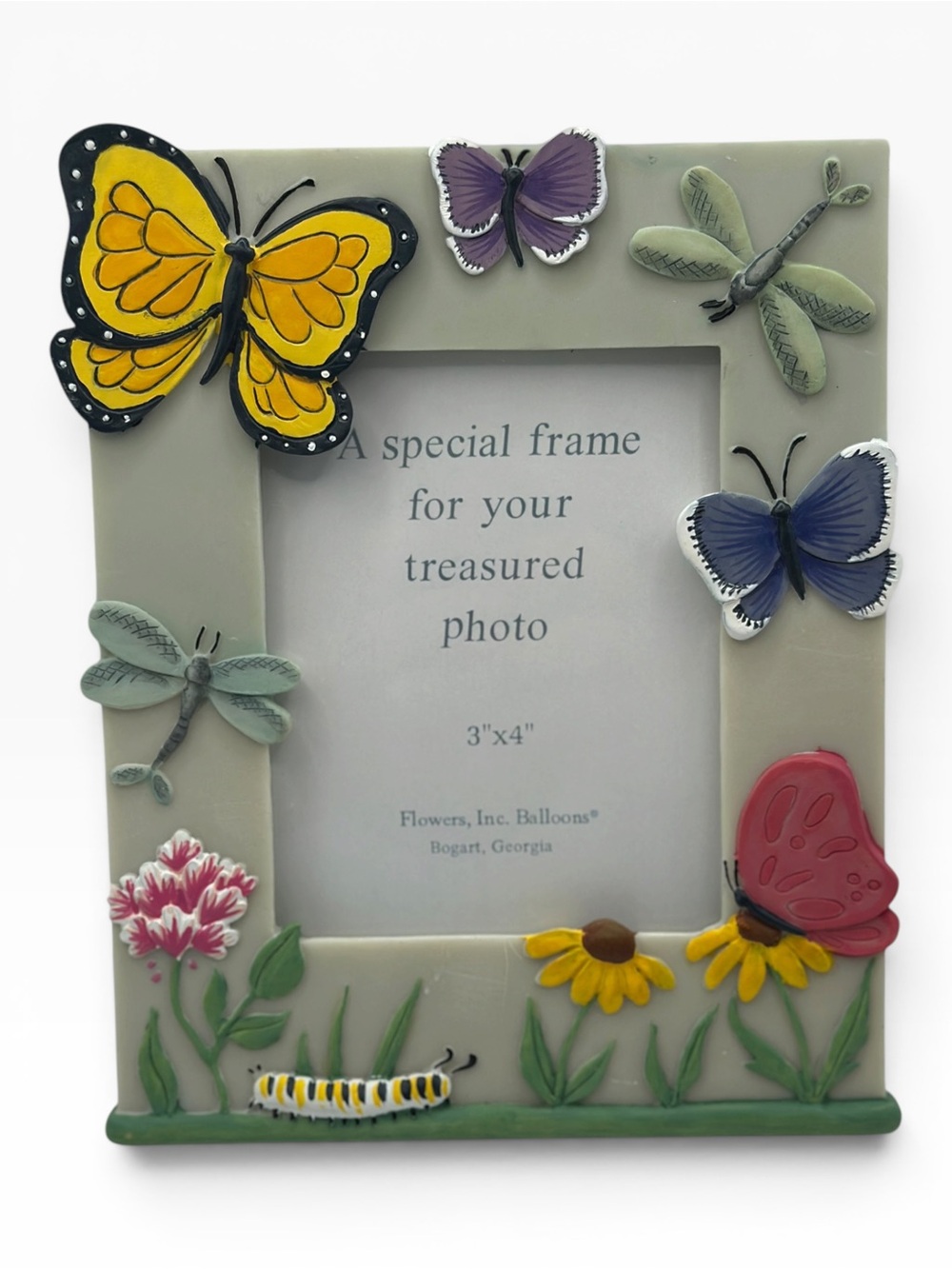 NEW Vintage Garden Theme Butterfly, Caterpillar Resin Enamel 3x4 Photo Frame